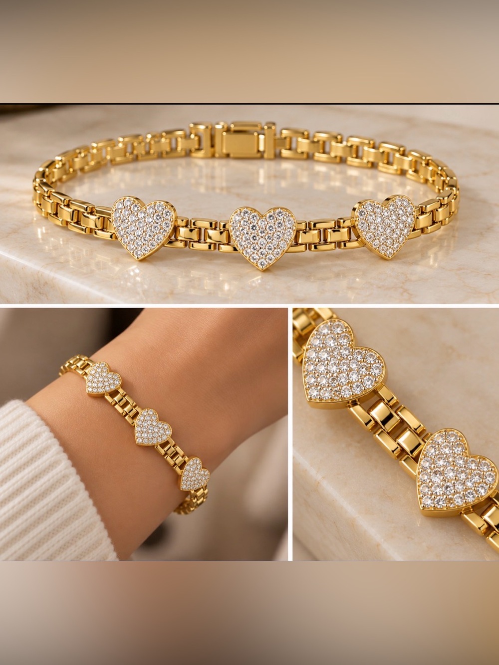 Gold Heart Link Bracelet with Pavé Crystals